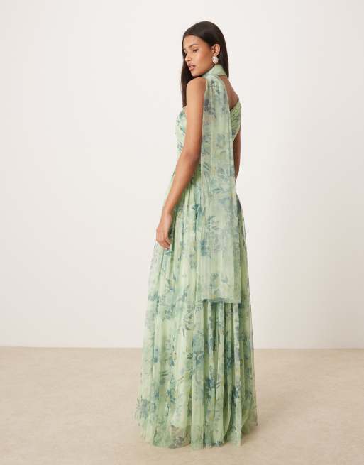 Lace & Beads - Salviegrøn oneshoulder-maxikjole med tørklæde i halsen og print, 4 af 4