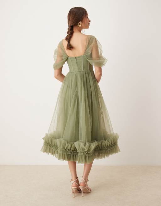 Lace & Beads - Sart olivengøn midaxi-kjole med offshoulder-snit, 2 af 4
