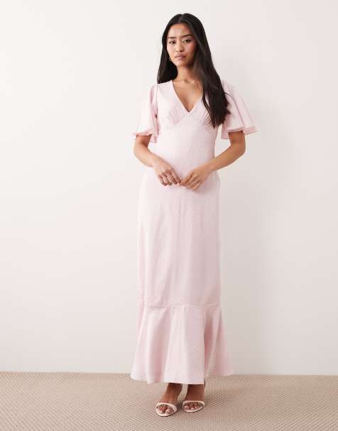 Lace & Beads satin jacquard v neck ruffle hem maxi dress in light pink - view 1