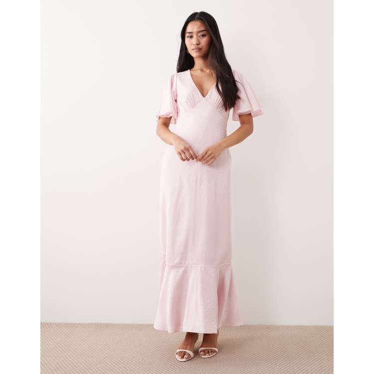 Lace & Beads satin jacquard v neck ruffle hem maxi dress in light pink