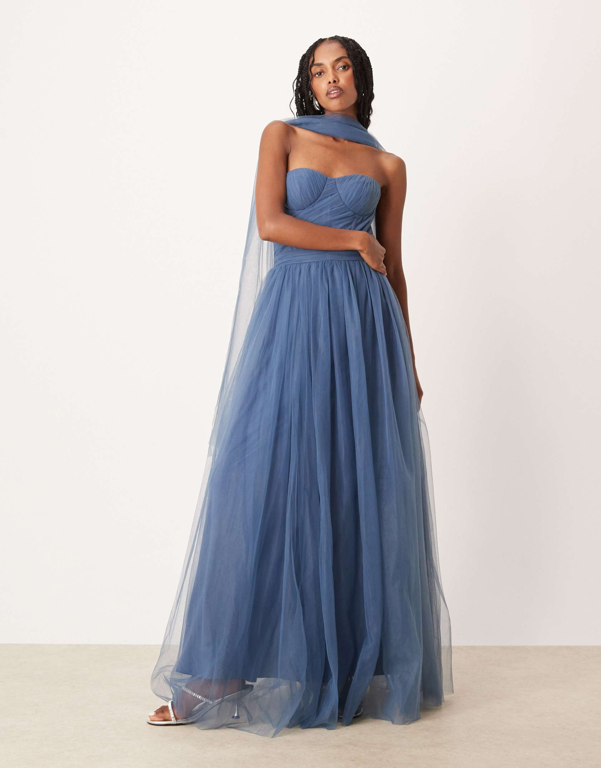 lace & beads scarf neck corset tulle maxi dress in ethereal blue
