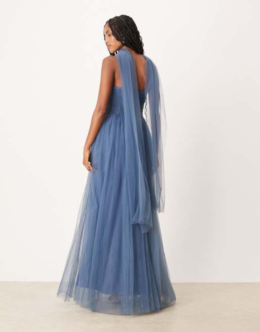 Lace & Beads scarf neck corset tulle maxi dress in ethereal blue