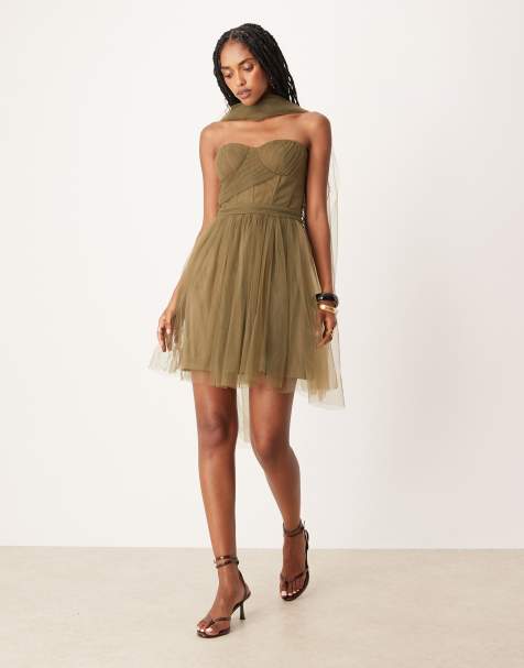 Lace & Beads scarf neck corset tulle mini dress in deep olive - view 1
