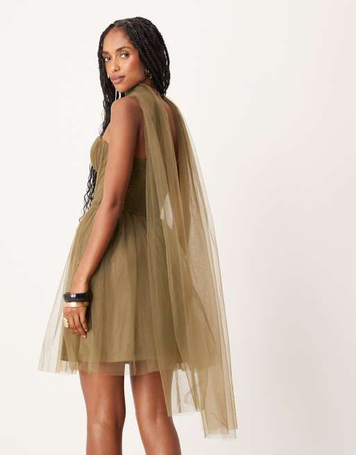Lace & Beads scarf neck corset tulle mini dress in deep olive, 2 of 4