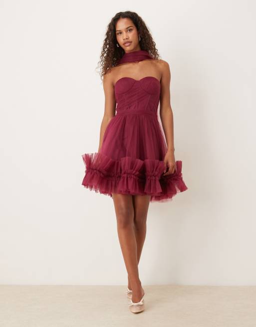 Lace & Beads scarf neck corset tulle mini dress in fig