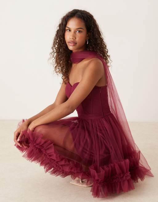 Lace & Beads scarf neck corset tulle mini dress in fig