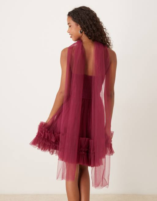 Lace & Beads scarf neck corset tulle mini dress in fig