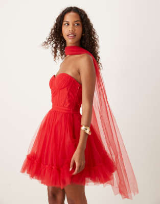 Lace & Beads Scarf Neck Corset Tulle Mini Dress In Red