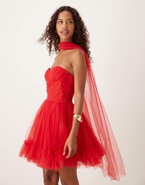 Lace & Beads scarf neck corset tulle mini dress in red - view 1