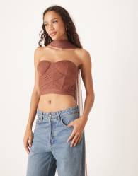 Lace & Beads scarf neck tulle corset top in mocha