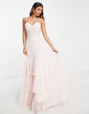Lace & Beads sequin corset contrast cup midi dress in blush