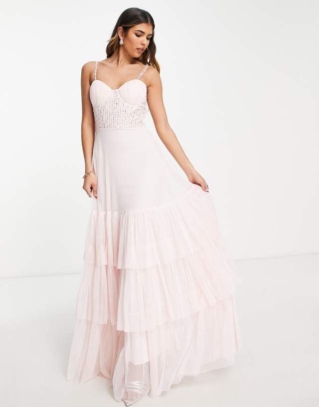 Lace & Beads sequin corset contrast cup midi dress in blush