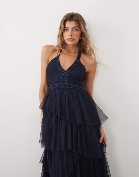 Lace & Beads sequin embellished halter neck tiered ruffle maxi dress in navy - view 1