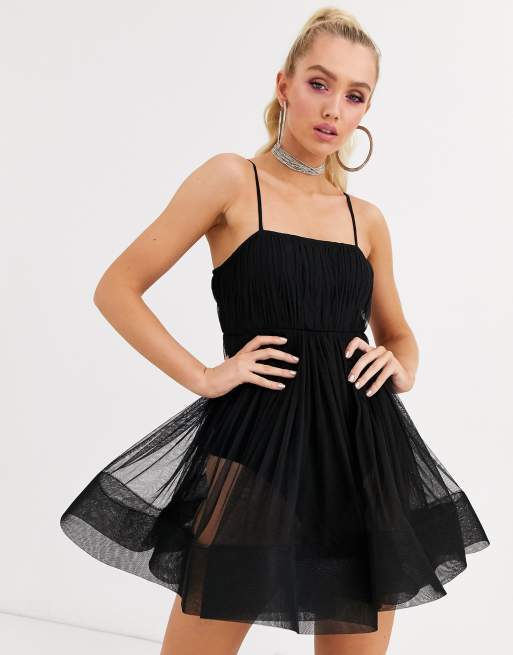 Lace & Beads sheer baby doll mini dress in black