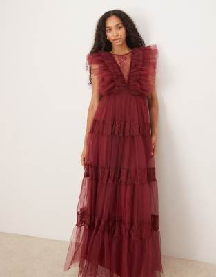 Lace & Beads Sheer Lace Plunge Maxi Dress In Burgundy