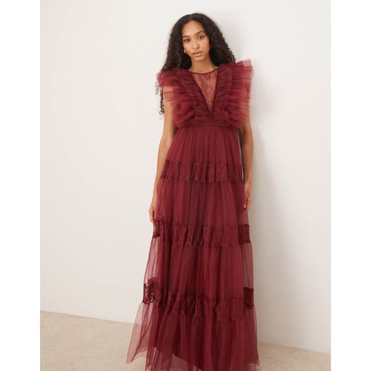 Lace & Beads sheer lace plunge maxi dress in oxblood