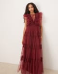 [Lace & Beads] Lace & Beads sheer lace plunge maxi dress in oxblood-Red 12 Oxblood