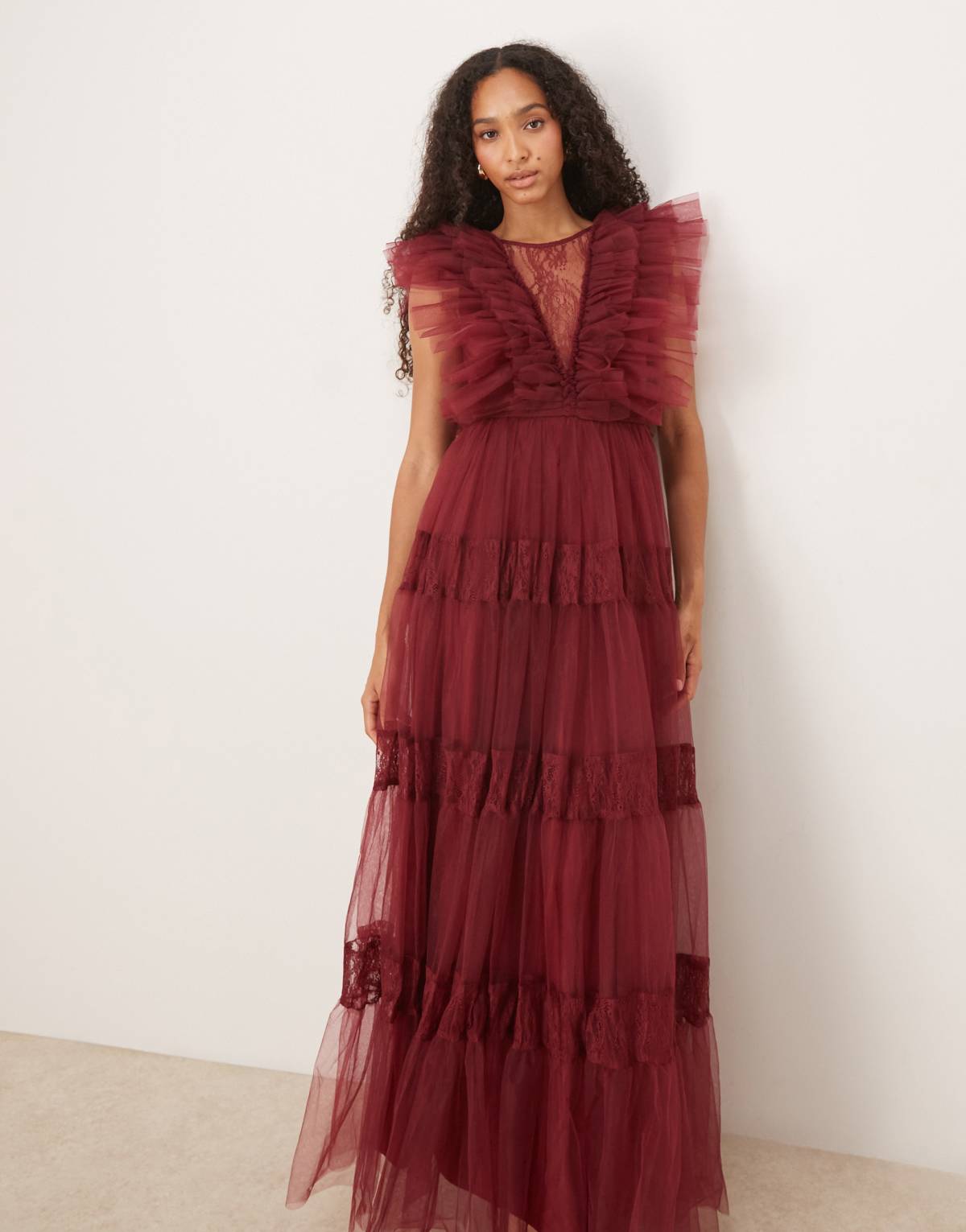 Lace & Beads sheer lace plunge maxi dress in oxblood
