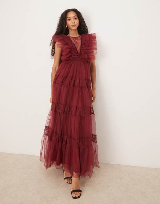 Lace & Beads sheer lace plunge maxi dress in oxblood, 2 of 4