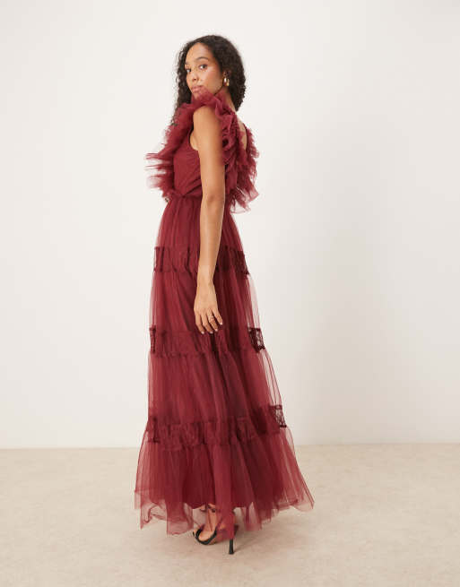 Lace & Beads sheer lace plunge maxi dress in oxblood, 4 of 4