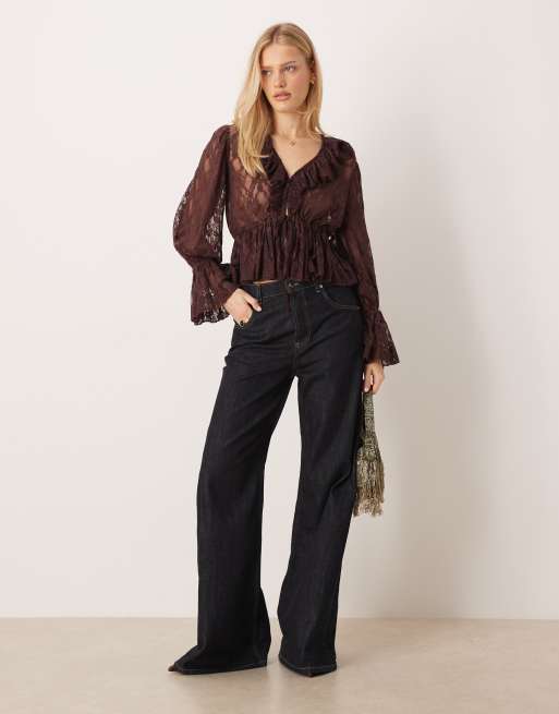 Lace & Beads sheer lace v neck ruffle detail top in chocolate brown, 2 of 4