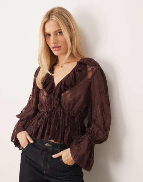 Lace & Beads sheer lace v-neck ruffle detailing top in chocolate brown - view 1