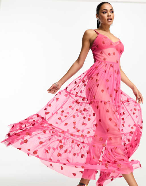 Lace Beads sheer maxi dress in pink and red heart