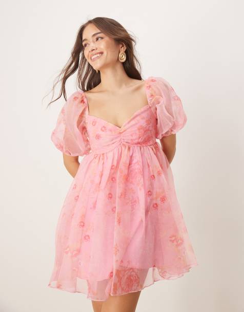 Lace & Beads sheer sleeve organza mini dress in pink floral - view 1