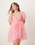 [Lace & Beads] Lace & Beads sheer sleeve organza mini dress in pink floral 14 Pink Floral