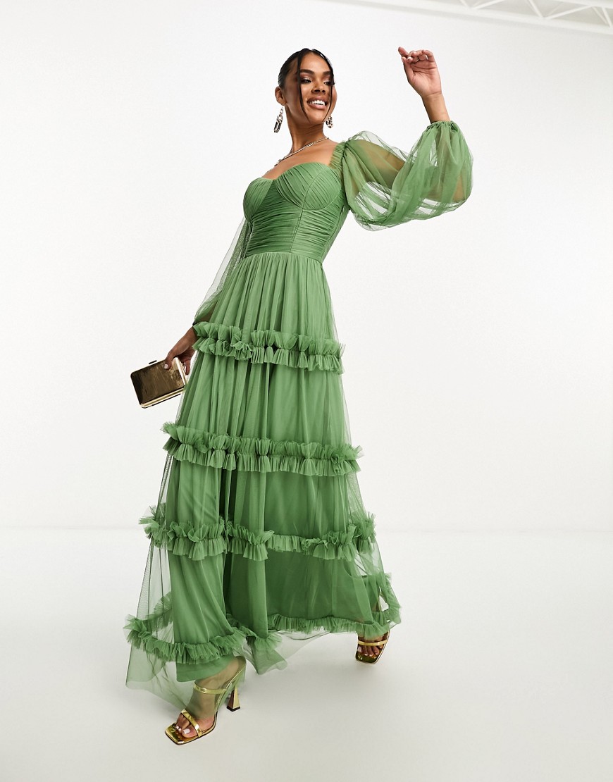Lace & Beads sheer sleeve ruffle maxi dress in olive-Green