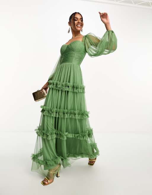 Green ruffle hotsell sleeve dress