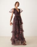 [Lace & Beads] Lace & Beads sheer sleeve ruffle maxi dress with sheer skirt in plum floral-Purple 8 Plum Floral