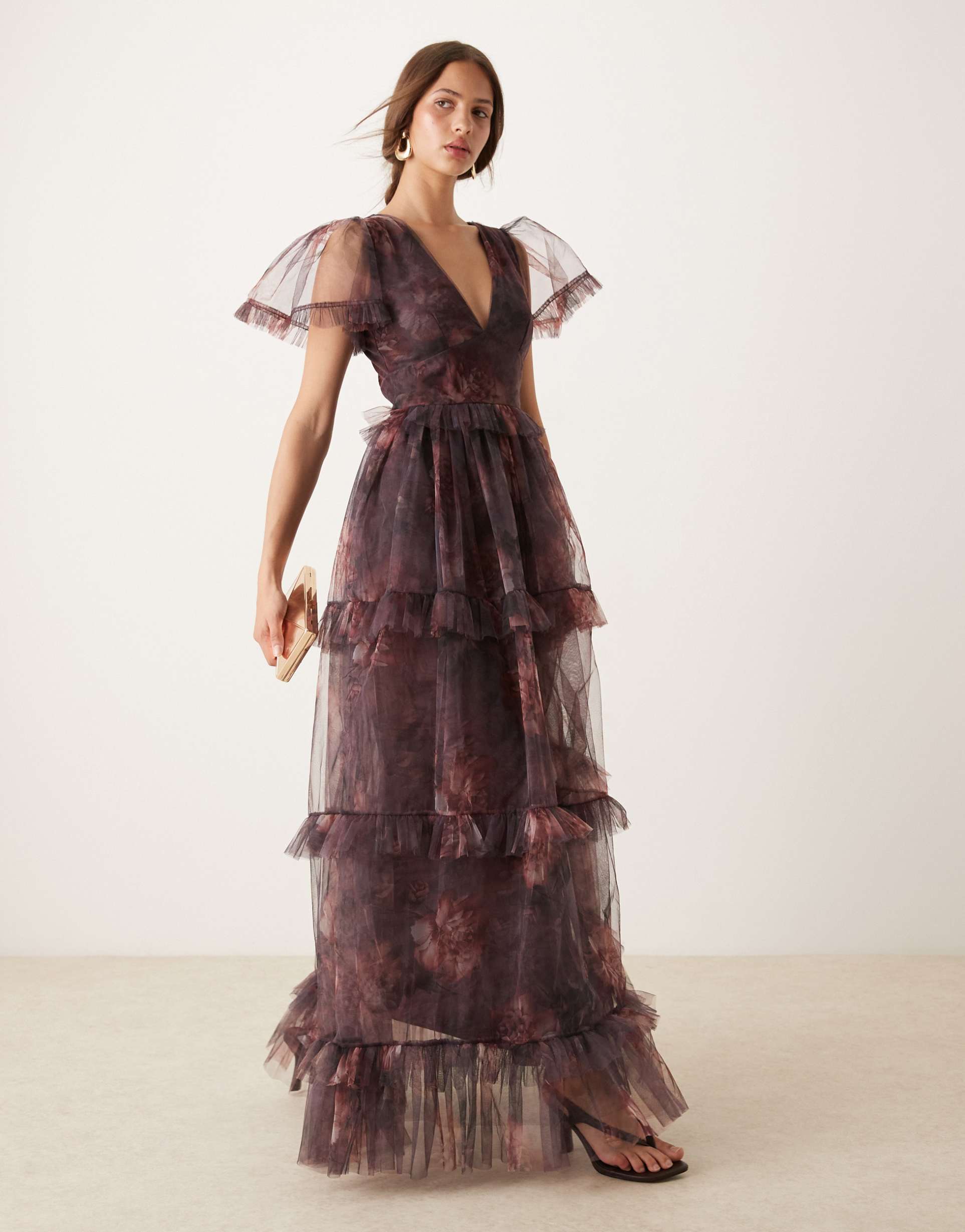 lace & beads sheer sleeve ruffle maxi dress with sheer skirt in plum floral
