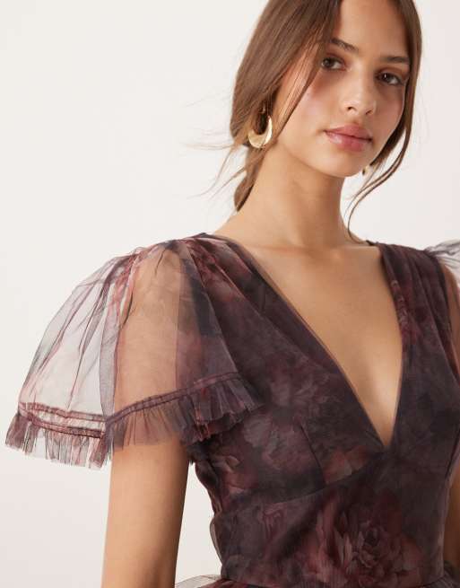 Lace & Beads sheer sleeve ruffle maxi dress with sheer skirt in plum floral