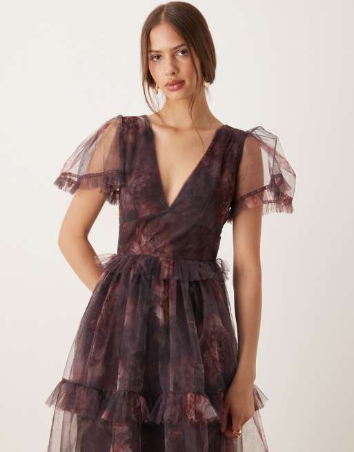 Lace & Beads sheer sleeve ruffle maxi dress with sheer skirt in plum floral