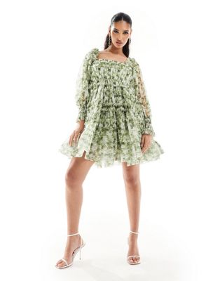 Lace & Beads sheer sleeve ruffle mini dress in green floral | ASOS