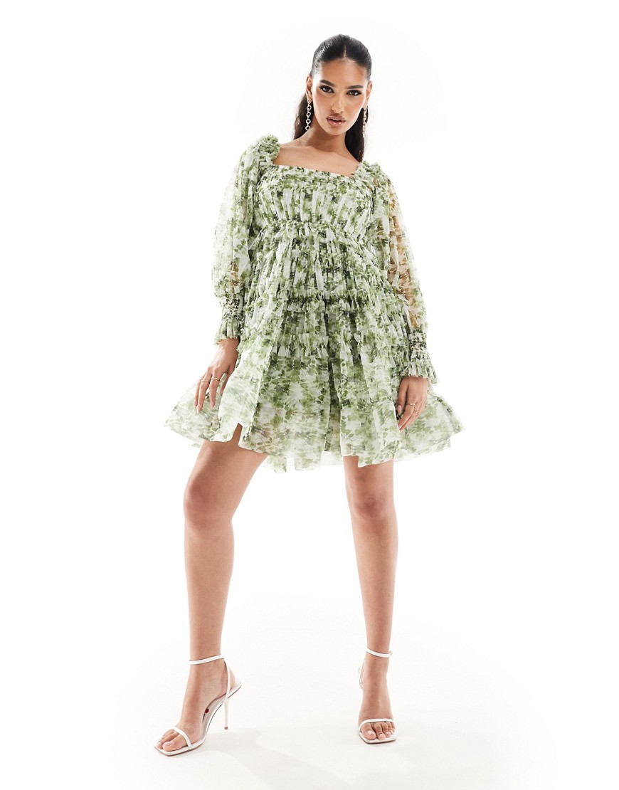Lace & Beads sheer sleeve ruffle mini dress in green floral