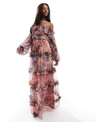 Lace & Beads Sheer Sleeve Ruffle Tulle Maxi Dress In Pink Floral-multi