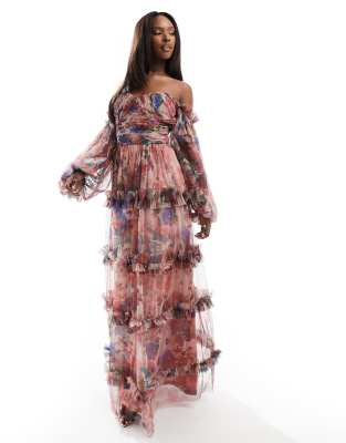 Lace & Beads sheer sleeve ruffle tulle maxi dress in pink floral