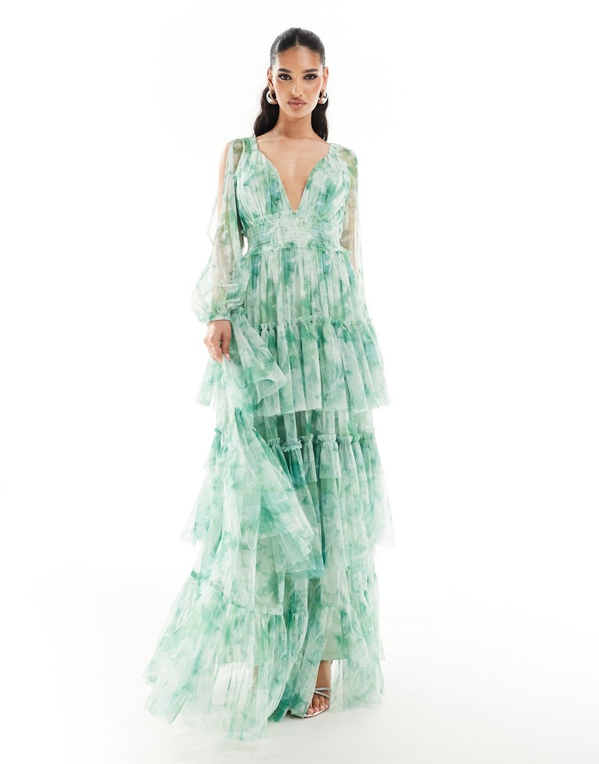 Lace & Beads sheer sleeve tulle maxi dress in green floral