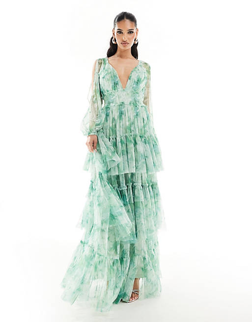 Lace & Beads sheer sleeve tulle maxi dress in green floral | ASOS
