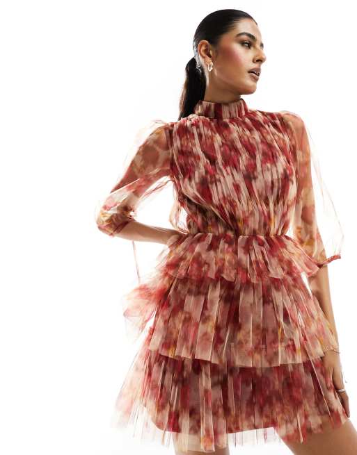 Lace & Beads sheer sleeve tulle mini dress in rose floral, 3 of 4