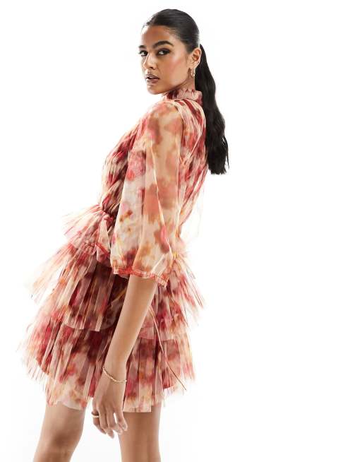 Lace & Beads sheer sleeve tulle mini dress in rose floral, 4 of 4