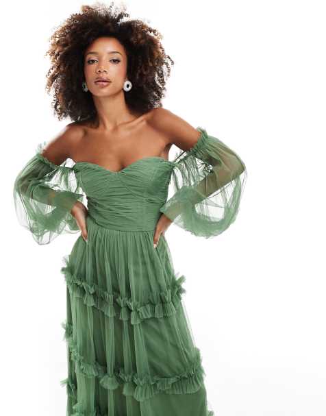 Lace & Beads sheer sleeve tulle ruffle maxi dress in olive - view 1