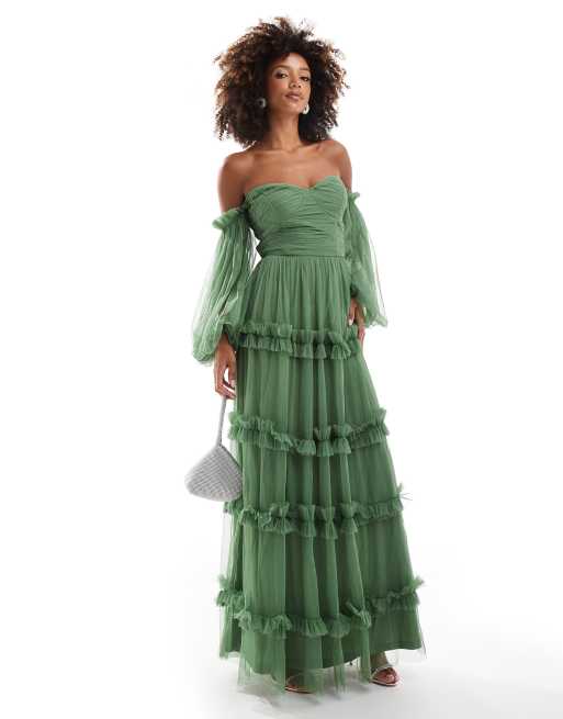 Lace Beads sheer sleeve tulle ruffle maxi dress in olive