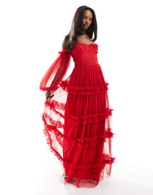 Lace & Beads sheer sleeve tulle ruffle maxi dress in red