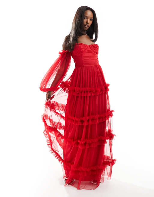 Lace Beads sheer sleeve tulle ruffle maxi dress in red