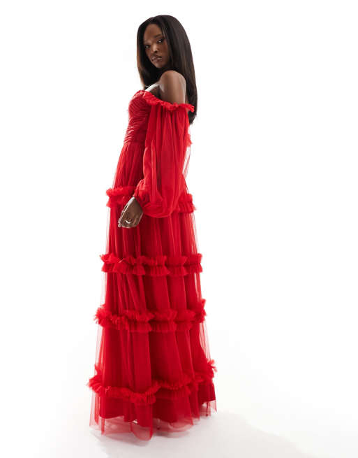 Lace Beads sheer sleeve tulle ruffle maxi dress in red