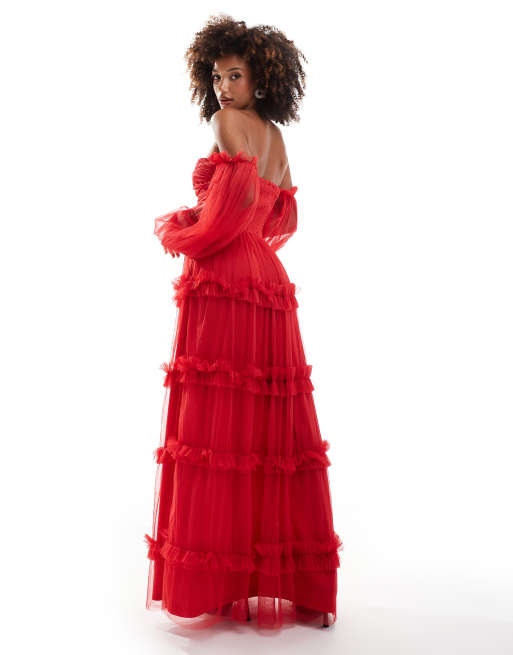 Lace & Beads sheer sleeve tulle ruffle maxi dress in red | ASOS