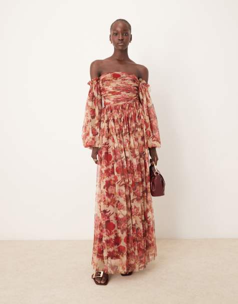 Lace & Beads sheer sleeve tulle ruffle maxi dress in rose floral